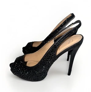 Lauren Lorraine Bliss black Rhinestone Jewel Slingback Open Toe Heels Sz 8.5M - Picture 1 of 11