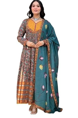 Women Designer Viscose Printed Anarkali Kurta & Pant with ChanderiCotton Dupatta - Image 1 of 4