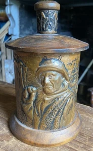 Vintage Wood And Copper Tobacco Jar With Lid And Fisherman Design - Picture 1 of 11