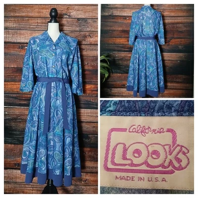 California Looks Vintage Midi Dress Size 16 Petite Belted Blue Paisley Retro USA - Image 1 of 4
