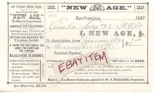 1887 W F NORCROSS SAN FRANCISCO EUREKA CALIFERIA EXTRAÑO COMPAÑERO NUEVA ERA DIARIO - Imagen 1 de 1