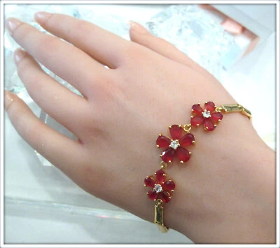 RUBY NATURAL GEMSTONE 18K GOLD FILLED LADIES STUNNING UNIQUE FLOWER BRACELET - Image 1 of 4