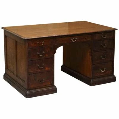 STAMPED GILLOWS LANCASTER DOUBLE SIDED TWIN PEDESTAL PARTNER DESK FIGURED OAK - Image 1 of 4