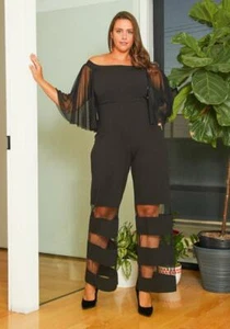 Plus Size Black Mesh Off Shoulder Mesh Bell Sleeves Jumpsuit w/back Zip. 3XL. - Picture 1 of 5