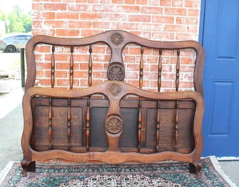 French Antique Carved Oak Louis XV Queen Size Bed | Bedroom Furniture Cover