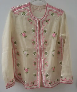 Vintage Ladies Sheer Embroidered Jacket Pink And White Floral On Ivory - Picture 1 of 3