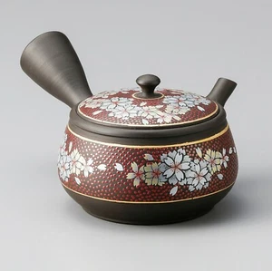 Teekanne Kyusu TOKONAME KUTANI WARE Kirschblüten Keramikgeflecht rote Körner Japan - Bild 1 von 12