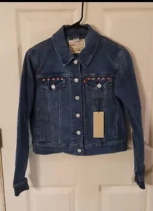 Womens Levis Denim Cropped Trucker Jacket With Red Accents NWT MSRP $78 Size L - Picture 1 of 8