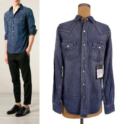 S NUEVO $750 SAINT LAURENT Vintage Azul JAPÓN DENIM Clásico Estilo Occidental CAMISA Foto 1 de 4