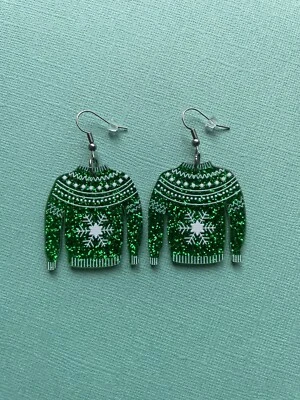 Christmas Jumper Earrings, Surgical Steel Hooks, Xmas Sweater Glitter Green - image 1 of 3