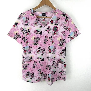 Disney Mickey Minnie Mouse Love Surrounds Pink V Neck Scrub Top Small - Picture 1 of 8