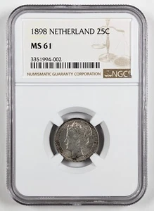 1898 Netherlands Silver 25c NGC MS61 - Picture 1 of 3