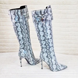 Pearl Snake Print High Heel Knee Boots Pad Lock Brand New - Picture 1 of 11