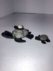 Lot Of 2 Unique Hand Carved Marble Stone Sea Turtle Figurine Carving Mom&amp;2Babies