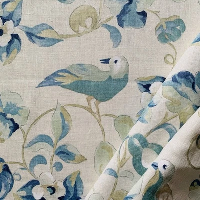 Sanderson Curtain  Fabric PEAR & POMEGRANATE ~ China/Blue 1.3m  ~ 100% Linen - Image 1 of 4
