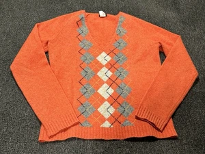 J. Suéter Crew 100 % lana de cordero naranja argyle manga larga cuello en V para mujer mediano - Imagen 1 de 11