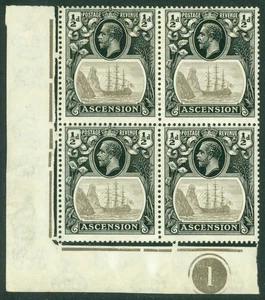 SG 10c Ascensión 1924. Bloque marginal esquina 1/2d gris-negro y negro de 4... - Imagen 1 de 1
