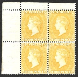 St. Vincent 1890-93 QV 4d Yellow #49 BLOCK of 4 with DRAMATIC WMK SHIFT VF-NH - Picture 1 of 3