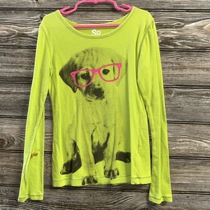 So Girls XS/S Small Long Sleeve Green Tshirt Puppy Pink Glasses *stain - Picture 1 of 5