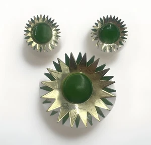 Retro Sonne Blume Starburst grün Metall Emaille Modernist goldfarben Brosche Set - Bild 1 von 11