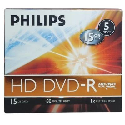 Philips HD DVD-R 5 Pack 15GB, 80min HDTV, 1 x Speed, Jewel Case, Video, Data - Image 1 of 3