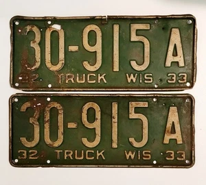 VTG 1932-33 MATCHING PAIR WIS TRUCK LICENSE PLATES--MEASURE 15" X 6" - Picture 1 of 2