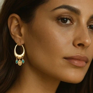 Vintage 90s Gold Hoop Earrings Pearl Turquoise Dangle Boho Festival Style - Picture 1 of 13