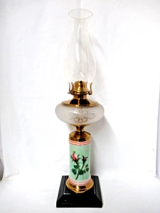 ANTIGUA LÁMPARA DE ACEITE COMPUESTA CON VÁSTAGO DE VIDRIO HP, ACCESORIOS PULIDOS Y BASE DE METAL - Imagen 1 de 20