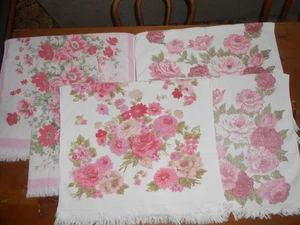 Vintage rosa Blumen Rosen Fransen 23 x 42 Badetücher 2 Paar alle Baumwolle 60er USA - Bild 1 von 4