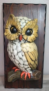 VINTAGE MCM CERAMIC OWL ON WOOD PLAQUE WALL DECOR 15 X 7” 1970s 3D - Picture 1 of 13