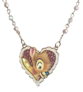 DISNEY Metal HEART PENDANT Necklace BAMBI Fawn Deer PINK Beard Chain - Picture 1 of 11