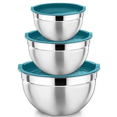 Набор из 3 чаш для смешивания, миска для гнездования из нержавеющей стали и синие крышки для салата и... - Изображение 1 из 4