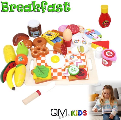 QMBASIC HOLZ LEBENSMITTEL mit Schneidebrett Brotzeit Set Kinder Küche Kaufladen Zubehör