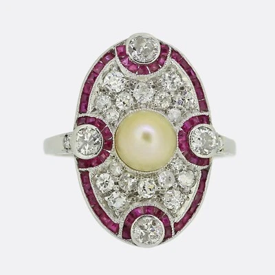 Edwardian Pearl Ruby and Diamond Tablet Ring - Platinum - Image 1 of 4
