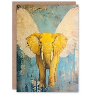 ARTERY8 Yellow Elephant With Angel Wings Oil Painting Birthday Greeting Card