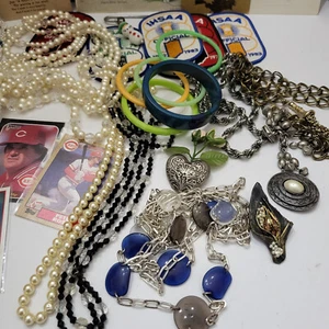 Estate Sale Junk Drawer Lot Post Cards Jewelry Patches Baseball Cards - Picture 1 of 11