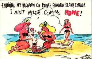Postal de cómic vintage ~ escena de playa ~ vacaciones en la isla del Príncipe Eduardo, Canadá - Imagen 1 de 2