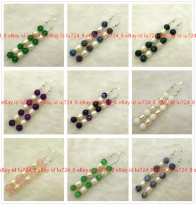 Natural 7-8mm White Pearl 6mm Multicolor Round Gems Dangle Silver Hook Earrings - Image 1 of 4