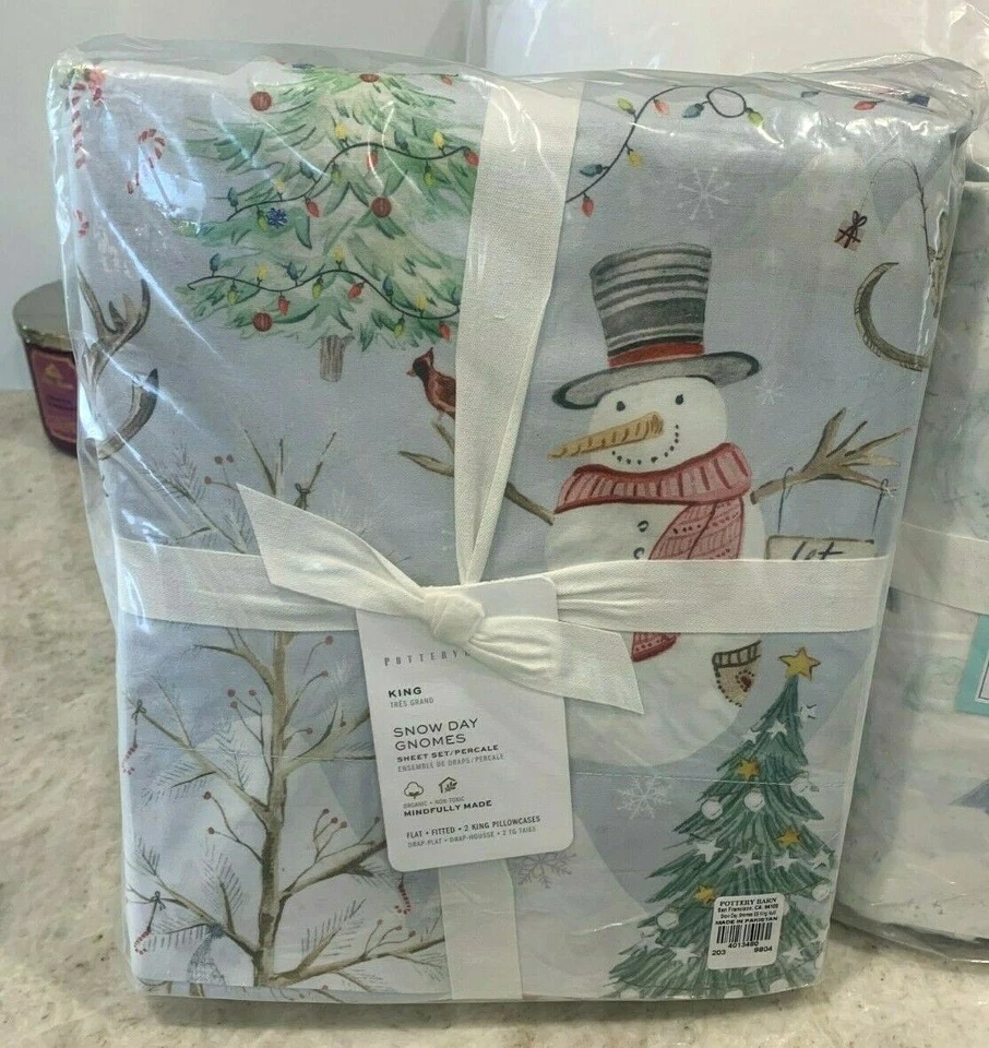 Juego de sábanas Pottery Barn Snow Day Gnomos REINA orgánicas vacaciones de Navidad  Foto 1 de 1
