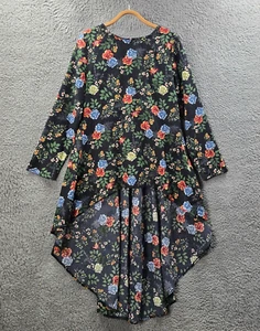 Caroline Morgan Womens Tunic Top Size 12 Black Blue Coral Floral Long Sleeve - Picture 1 of 14