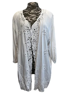 NUOVO giacca kimono taglie forti ricamato bianco pizzo ritaglio perle maniche lunghe 2X - Foto 1 di 17