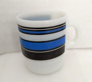 WK. Anchor Hocking Fire King Blue & Black Stripe D Handle Milk Glass Coffee Mug - Picture 1 of 10