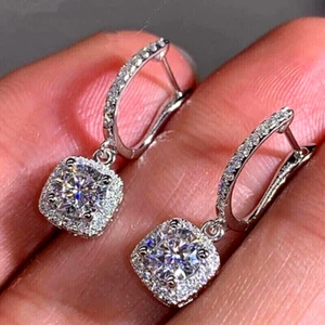 3 Ct Halo Round Cut Diamond Lab-Created Drop/Dangle Earrings 14K White Gold Over - Picture 1 of 2
