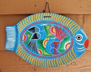 LARGE MULTI-COLOR FISH WALL ART MEXICO HAND-PAINTED POTTERY 1XTAPA MAXIMO - Picture 1 of 3