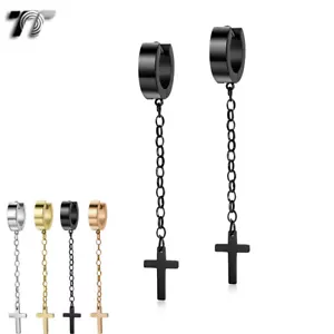 Quality TT S.Steel Hoop Long Dangle Cross Earrings Small/Large (EH146) NEW  - Picture 1 of 5