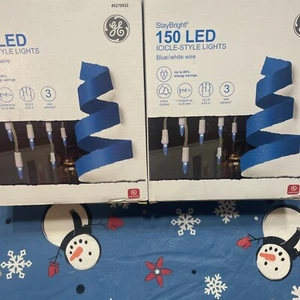 2 Boxes Of GE LED 150-CT LED Blue Icicle Christmas Lights White Wire 16 Ft Long - Picture 1 of 4