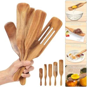 5PCS/SET Wooden Non-Stick Serving and Cooking Spoons Brown Spoons Kitchen Utensi - Picture 1 of 12