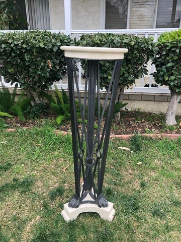 Vintage Art Deco Metal Plant Perdstal Stand With Marble Top and Base Cover