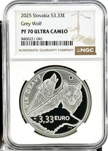 Moneda de plata Eslovaquia 2025 3,33 euros prueba lobo gris 1 oz - NGC PF 70 UCAM - Imagen 1 de 2