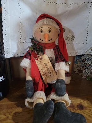 Primitive Christmas Snowman Doll with Pipberries,hat,rustic Bells and rustic tag - Image 1 of 3